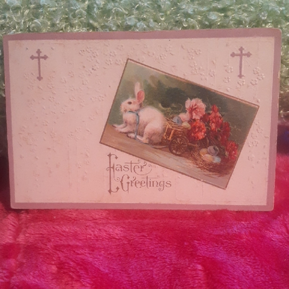 Antiq Easter Card with Bunny and Flowers